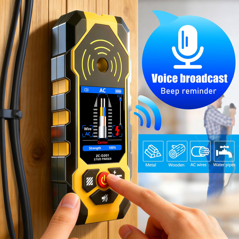 Stud Finder Wall Scanner 4 in1 Wall Stud Finder Multifunction Stud Detector Beam Finders for the Center Edge of Wood AC Wire Metal Studs Joist Pipe with HD LCD Display Smart Sensor Audio Alarm ZC-D201 Yellow