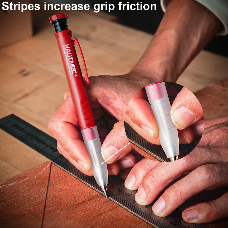 HAUTMEC 2 Pcs 3-in-1 Carpenter Pencils with Removable Finger Grip, Built-in Sharpener and 7 Leads (3 Colors), Mechanical Construction Pencil for Deep Marking Scribing, Pro Tracer Pencil, HT0293-2 2PC
