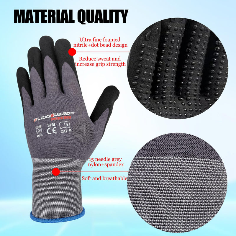 Gasoline Safety Work Gloves Extra Micro-Foam Nitrile Coated-12 Pairs,Endurance Seamless Knit Nylon Spandex,Dots on Palm, Dot Grip Gloves，Work Gloves Men and Women (12, L) 12 Large