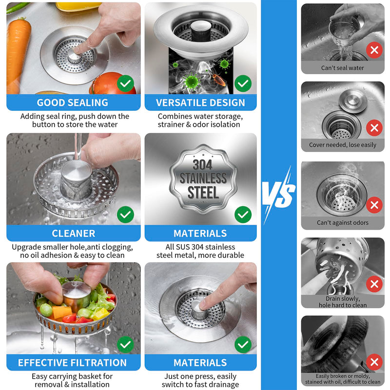 Upgraded 3 in 1 Kitchen Sink Drain Strainer - Stainless Steel Sink Stopper, Anti-Clogging Sink Food Catcher Basket, Fast Drainage Odor Filter Sink Plug for US Standard 3 1/2 inch Drain (Silver-1Pack) Silver-1pack