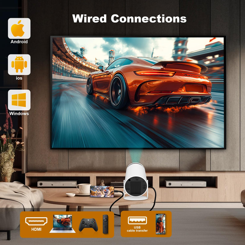 Mini Projector, HY300 PRO Portable Projector, Support 4K 1080P with Dual-Band WIFI6 5G Wireless 5.2 Bluetooth Android 13, 180° Rotatable, Auto Keystone Correction, 35"-130" Screen Video Projector HY300PRO