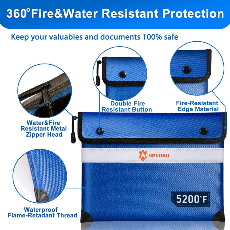 Upgraded Fireproof Document Bag - 5200F Heat Insulated, 14.2"x11" Fireproof Money Bag with 8 Layers of Functional Materials, Water & Fire Proof with Zipper/Metal Snap/Reflective Strip Blue Large Size