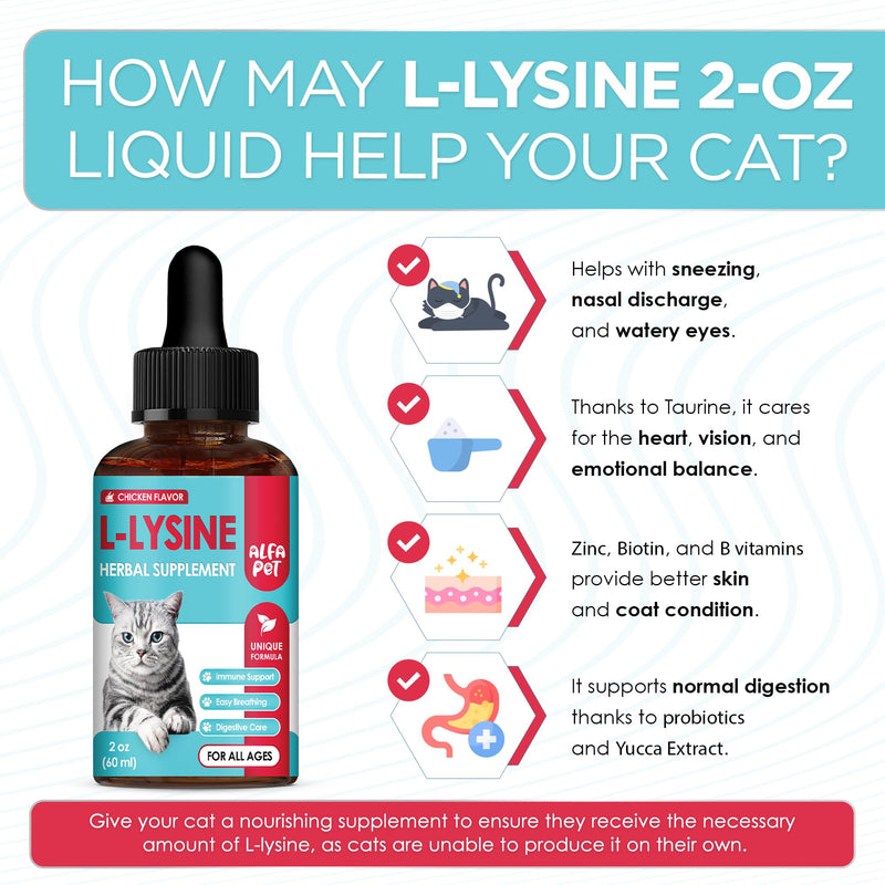 L Lysine for Cats with Taurine & Probiotic – A and B Vitamins Help with Watery Eyes, Sneezing, Cough, Allergies – Feline Upper Respiratory Supplement Works as a Natural Antibiotic for Cats – 2 Oz 2 Fl Oz