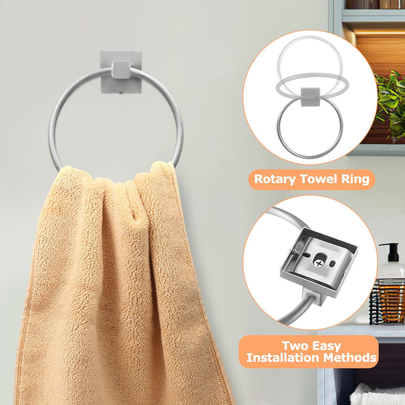 4 Piece Silver Bathroom Hardware Set, Stainless Steel Wall Mounted Towel Hooks, Ring & Oversized Toilet Paper Holder with Shelf, Modern Home Accessories for Bathroom, Washroom, Kitchens and RVs