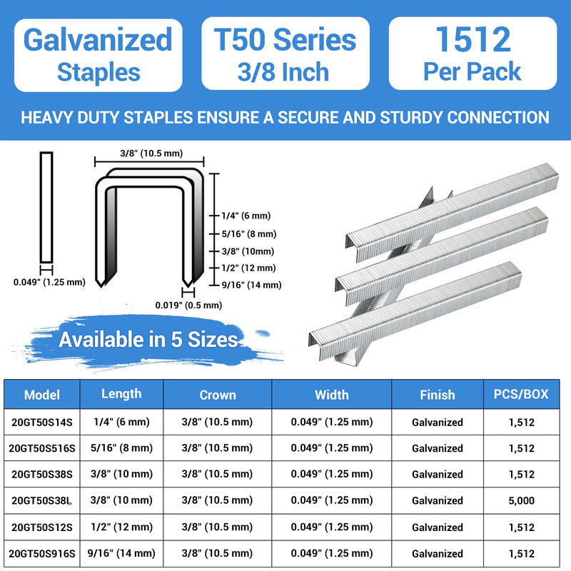 meite T50 Staples, 3/8 Inch Heavy Duty Staples for Staple Gun, 20 Gauge 3/8 Inch Crown Galvanized Upholstery Staples Staple Gun Staples (1,512 Counts) 1 Pack (1,512 Counts)