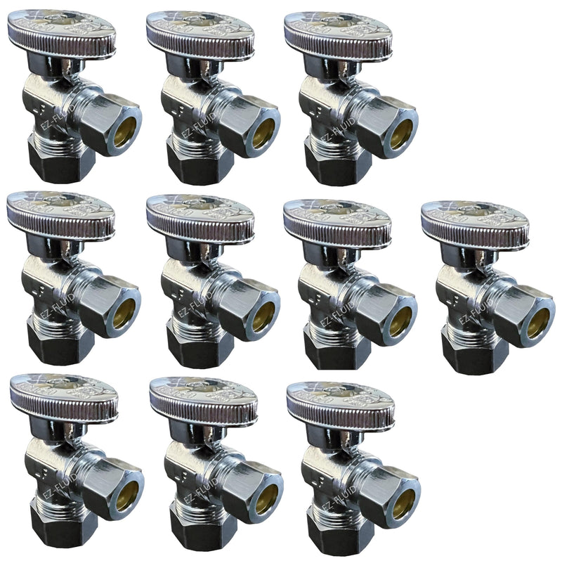 10Pcs EZ-FLUID Heavy Duty 1/2" Angle Stop Valve,1/2" Nom. (5/8"OD) Compression x 3/8"OD Outlet Water Shut Off Valves,1/4 TurnMetal Handle Angle Valve For Water Pipes,For Sink,Toilet,Faucet Valve Pack of 10