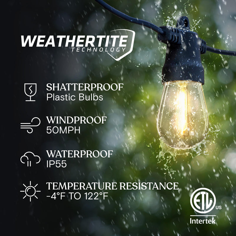 Brightech Ambience Pro Solar Powered Outdoor String Lights, 48 ft Commercial Grade Waterproof Patio Lights, 15 Edison Bulbs, Shatterproof LED String Lights for Outside, Porch - 1W Soft White Bright 48 Feet