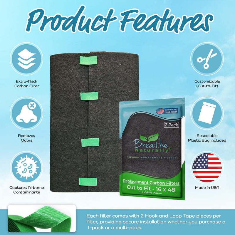 Breathe Naturally Universal Cut To Fit Activated Carbon Air Filter - Replacement Charcoal Air Filters - Carbon Filter Sheet for Air Purifier, Vent Filters & More - Made in USA (Pack of 2, 16x48) 2 Pack