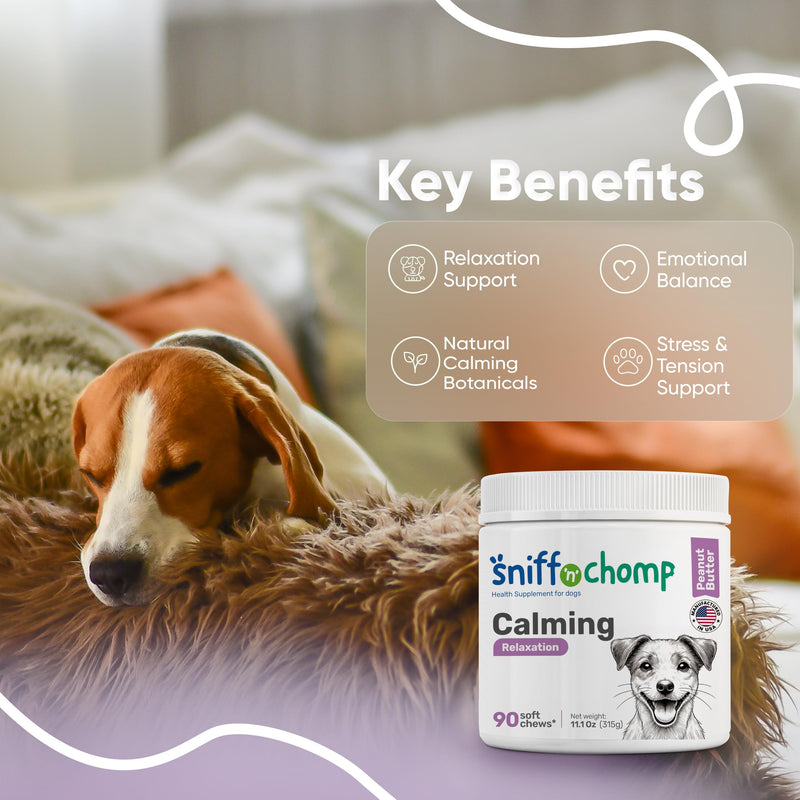 SNIFF 'N' CHOMP Dog Calming Chews, Peanut Butter Flavor, Natural Anxiety Relief with L-Theanine Chamomile Valerian Melatonin, Stress Support for All Breeds, Calming Dog Treats | 90 Soft Chews