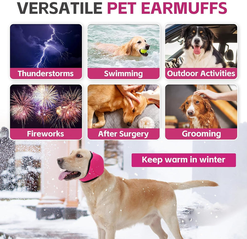 Dog Calming Hoodie Quiet Ear Cover for Noise Protection Anxiety Relief Ear Muffs, No Shake Ear Wraps for Dogs, Waterproof Swim Cap Bath Blow Dry Headband Wraps for Ear Hematoma Groom Fireworks(L,pink) ROSE RED Large(Head Circle:18"-24")