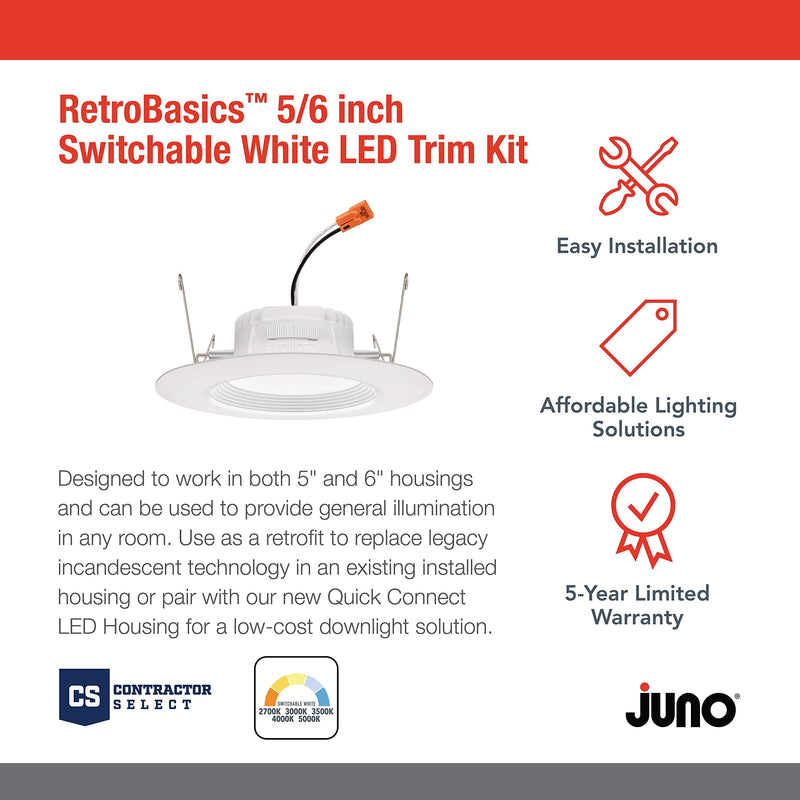 Juno RB56 SWW5 MW M6 RetroBasics Downlight Trim Kit, Switchable LED White, Baffle Trim, Switchable CCT, 2700K, 3000K, 4000K, and 5000K, 5- to 6-Inch, Matte White