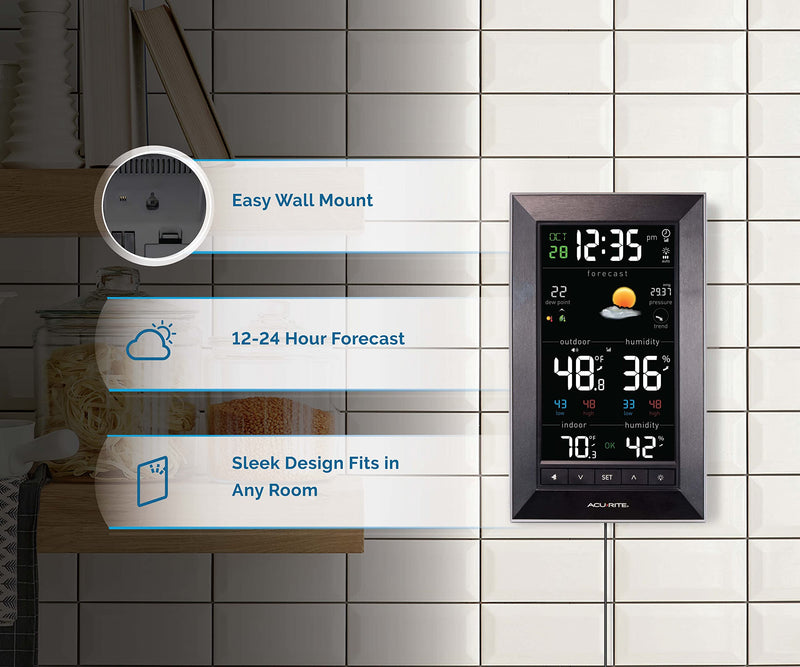 AcuRite Digital Vertical Weather Forecaster with Indoor/Outdoor Temperature, Humidity, and Date and Time (01121M) , BLACK Reverse Color