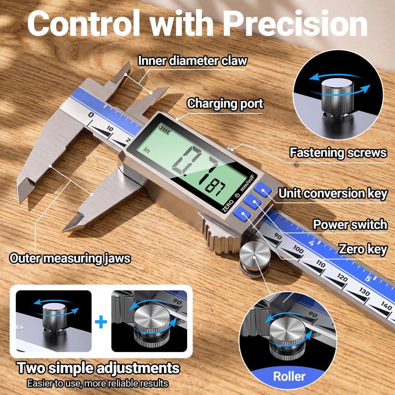 Preciva Digital Caliper 8 Inch, Rechargeable Stainless Steel Vernier Caliper with Large Display, Auto Off, Precision Inch/mm/Fraction Measuring Tool for DIY/Household/Woodworking