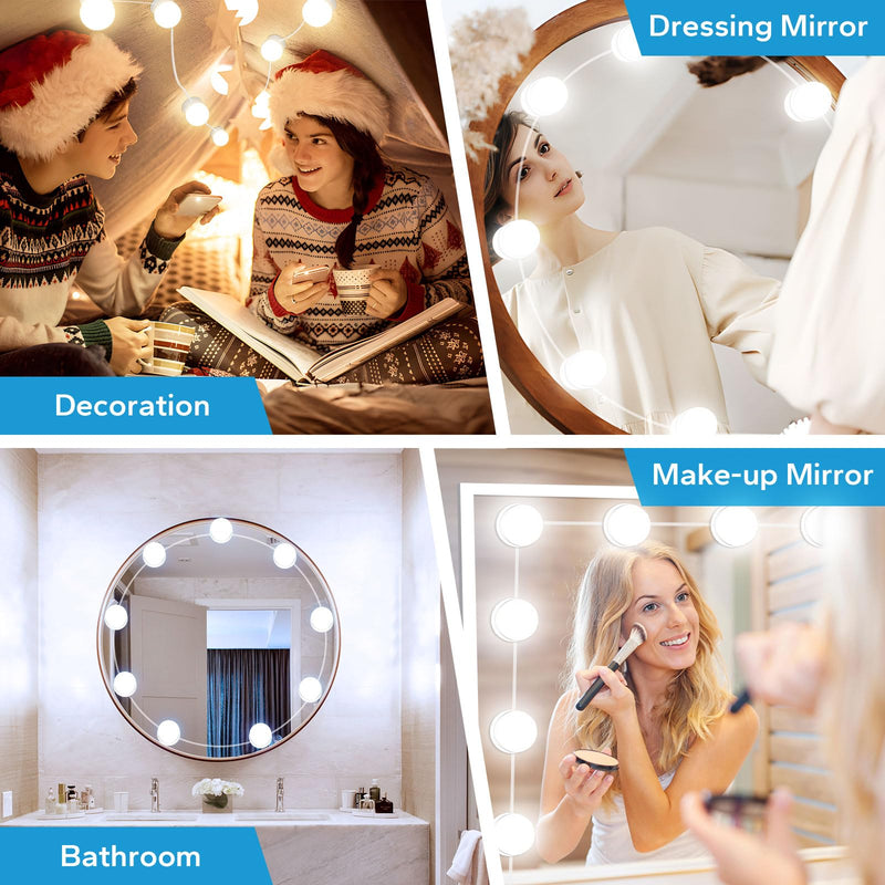 LED Vanity Lights for Mirror, Vanity Lights Stick on with 10 Dimmable Bulbs, 3000K 4000K 6500K & 10 Level Brightness Adjustable, USB Cable, Hollywood Mirror Lights for Makeup Dressing Room Bathroom 10 Dimmable Bulbs(White)