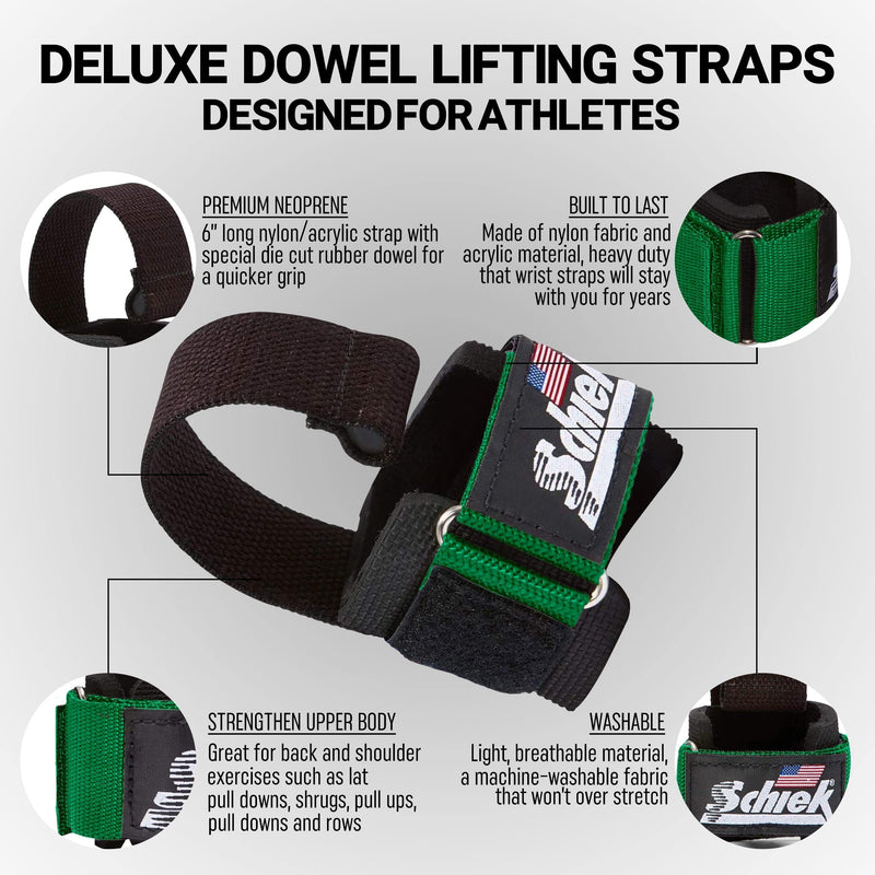 Schiek Sports Model 1000-DLS Deluxe Dowel Lifting Straps Green