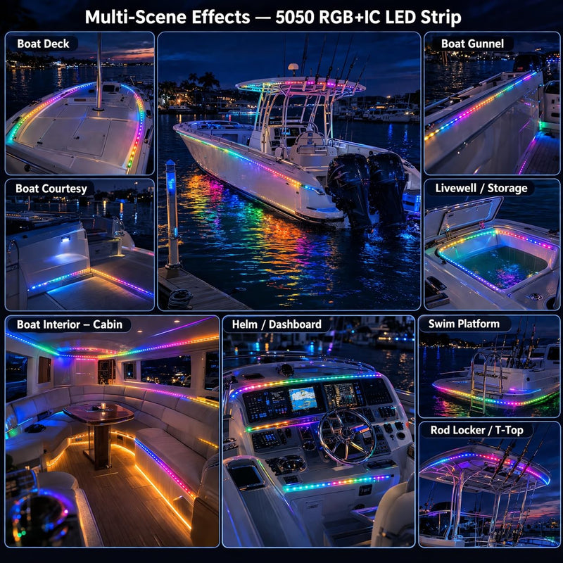 Pontoon Boat Lights Battery Operated RGB+IC Dream Color Marine LED Strip for Duck Bass Kayak , Wireless Waterproof Boat Lights Strip for Deck Interior Courtesy Lights, Night Fishing Light, 16.4FT