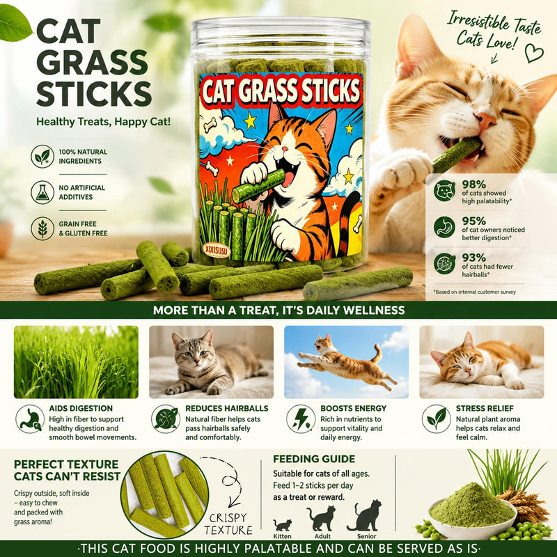 Cat Grass Teething Sticks for Indoor Cats - Freeze Dried Chew Toy for Hairball Control & Teeth Cleaning, 3oz Resealable Jar of Cat Grass Sticks 3 oz