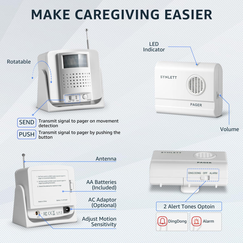 Bed Alarm Caregiver Pager with Wireless Motion Sensor Alarm Indoor Fall Prevention for Elderly Monitoring Seniors Dementia Patients Seniors Home Door Chime 1 Motion Sensor 1 Receiver