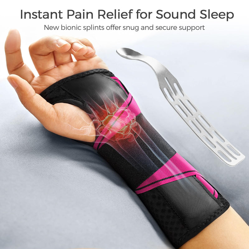 FREETOO Carpal Tunnel Wrist Brace Night Support Fit Right Hand for Work, Pain Relief Wrist Splint for Tendonitis, Sprain, Strain, Rigid Hand Brace for Arthritis for Women and Men (S/M, Black/Pink) Right-Rosa Pink/Black S/M