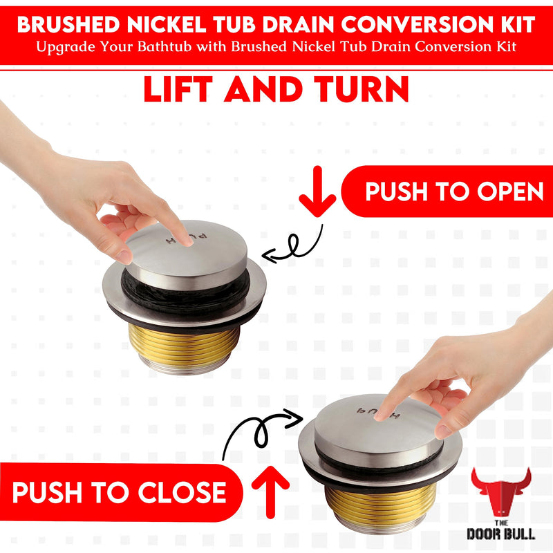 Tip-Toe Bathtub Drain Trim Kit with Two-Hole Overflow Faceplate – All Brass Tub Drain Stopper Replacement – Fits Fine or Coarse Thread Drain Shoe – Universal Tub Drain Assembly Brushed Nickel