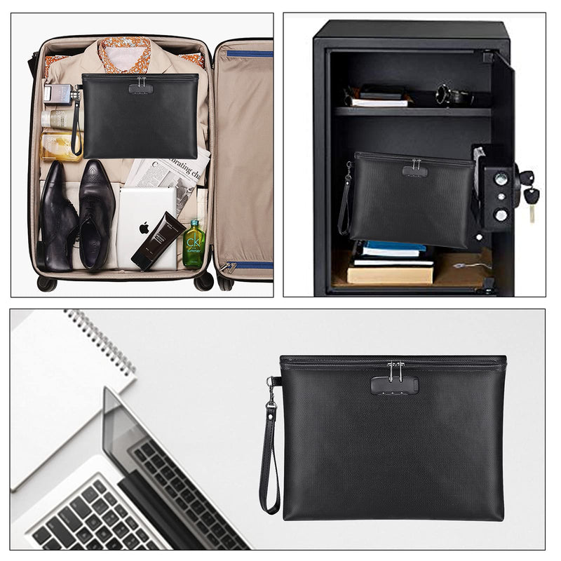 Fireproof Document Bag with Lock, ZOOPIP 14.3"x10.2" Fireproof and Waterproof Money Bag with Zipper Closure, Storage Pouch for A4 Letter Size Document, Cash, Cell Phone, Tablet, Credit Card,Passport Black 14.3"*10.2"*0.6"