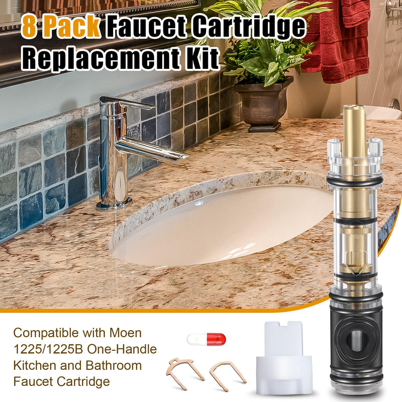 8 Pack Dual Seal Cartridge Replacement Compatible with Moen 1225 1225B Cartridge, One Handle Lavatory and Bathroom Faucet Cartridges Fits Single Handle Faucet Showers, Brass