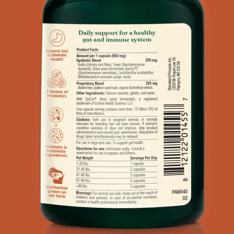 Spirited Paw Probiotic + Gut Health - Digestive & Immune Support for Dogs & Cats - Prebiotic, Probiotic & Postbiotic Pet Care Blend with Organic Buckwheat & Chicory Root Fiber - 90 Capsules