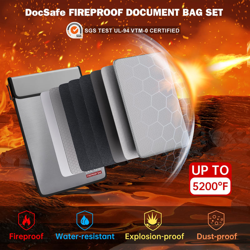 DocSafe Fireproof Document Bag (5200℉) with Fireproof Organizer Travel Case,Heat Insulated Fire＆Water Resistant 8 Layers Safe Money Bag Storage for Important Documents,Cash,Power Bank,Valuables,Gray Gray