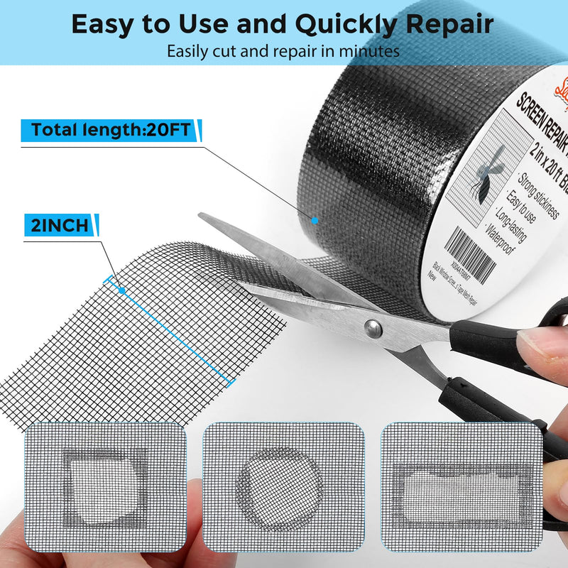 Black Window Screen Repair Tape, 2IN X 20FT Screen Repair Kit for Windows or Doors, Strong Adhesive Fiberglass Mesh Patch Tape Black