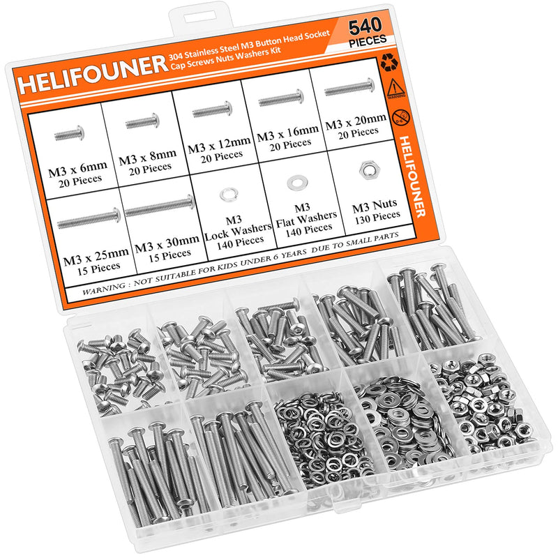 540 Pieces M3 x 6mm /8mm /12mm /16mm /20mm /25mm /30mm, Button Head Socket Cap Screws Bolts Washers Nuts Kit, 304 Stainless Steel Button Head Screws