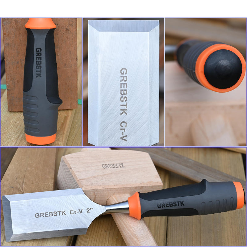 GREBSTK 2 inch Professional Wood Chisel for Woodworking, CR-V Steel Bevel-Edge Bench Chisel, Comfortable Extra Large PVC High Impact Handle