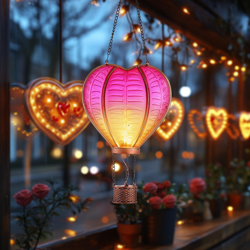 TERESA'S COLLECTIONS Valentine's Day Christmas Party Decorations, Hot Air Balloon Solar Lantern for Garden , Flickering Flame Hanging Solar Lights,Heart Shape Lantern for Anniversary Wedding Decor Pink