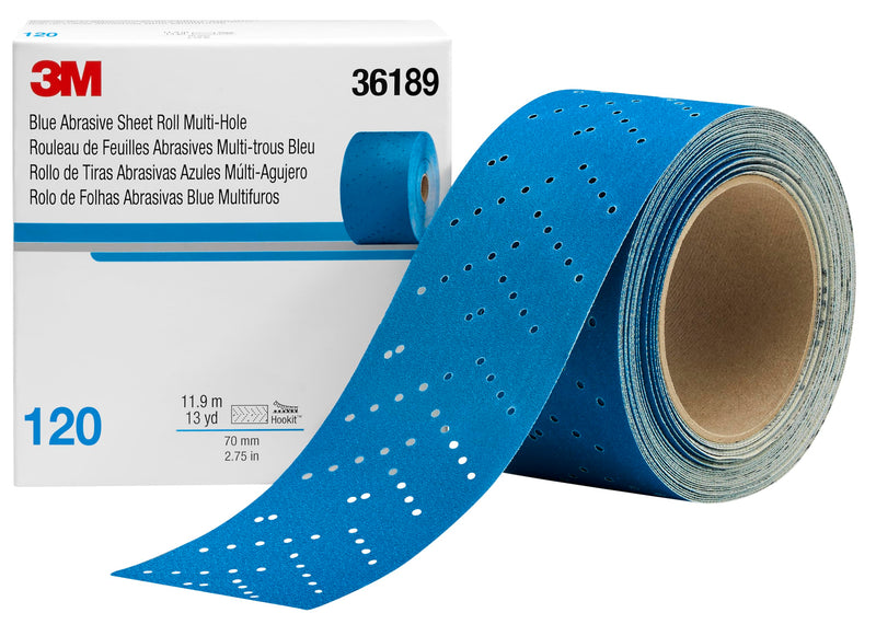Hookit 3M Hookit Blue Abrasive Sheet Roll Multi-hole, 36189, 120, 2.75 in x 13 y 13yd x 2-3/4in
