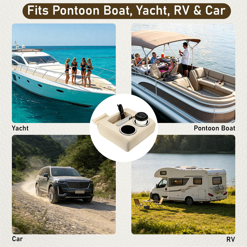 QualyQualy Pontoon Boat Cup Holder, No Drill Double Drink Holder with Side Pocket, Portable Cup Holder Organizer for Boat, RV, Car & Couch, 3.5" ABS No Rust Base Fits 12-40oz Cans & Tumblers, Beige Large-Beige