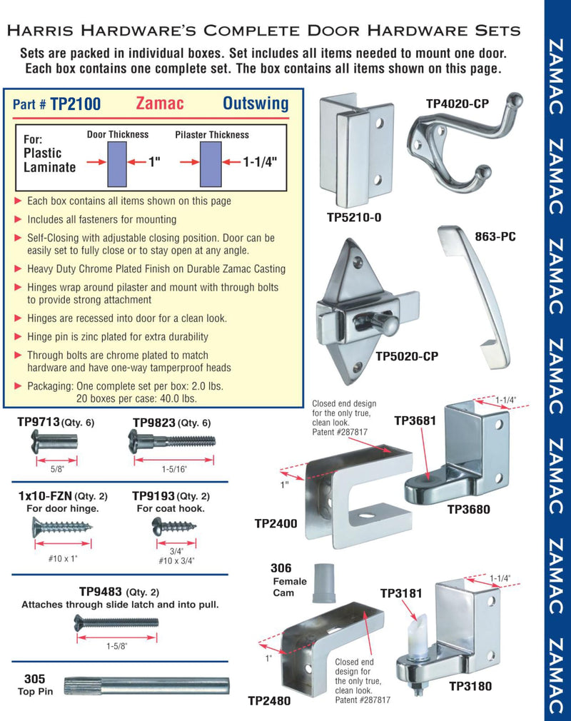 Harris Hardware TP2100 Toilet Partition Die Cast Zamac Complete Outswing Door Hardware Set, 1 in. Door 1-1/4 in. Pilaster 1 in. Outswing Chrome