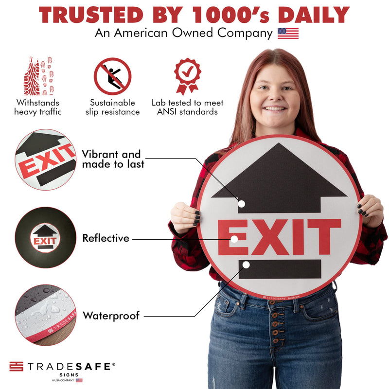 TRADESAFE Exit Anti-Slip Floor Sticker - Emergency Exit Sign Floor Decal, Peel and Stick Adhesive Vinyl Sign, ANSI-Compliant, 17” Diameter Round Sticker