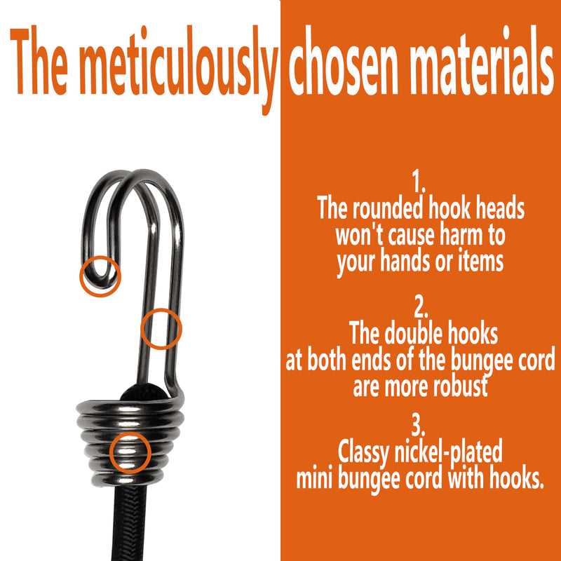 Mini Bungee Cords with Hooks. Versatile Outdoor Bungee Cord Set. Includes, 2inch, 4inch, 6inch, and 8inch, Totaling 16 Bungee Cords. (16pcs, Black, Four Sizes)