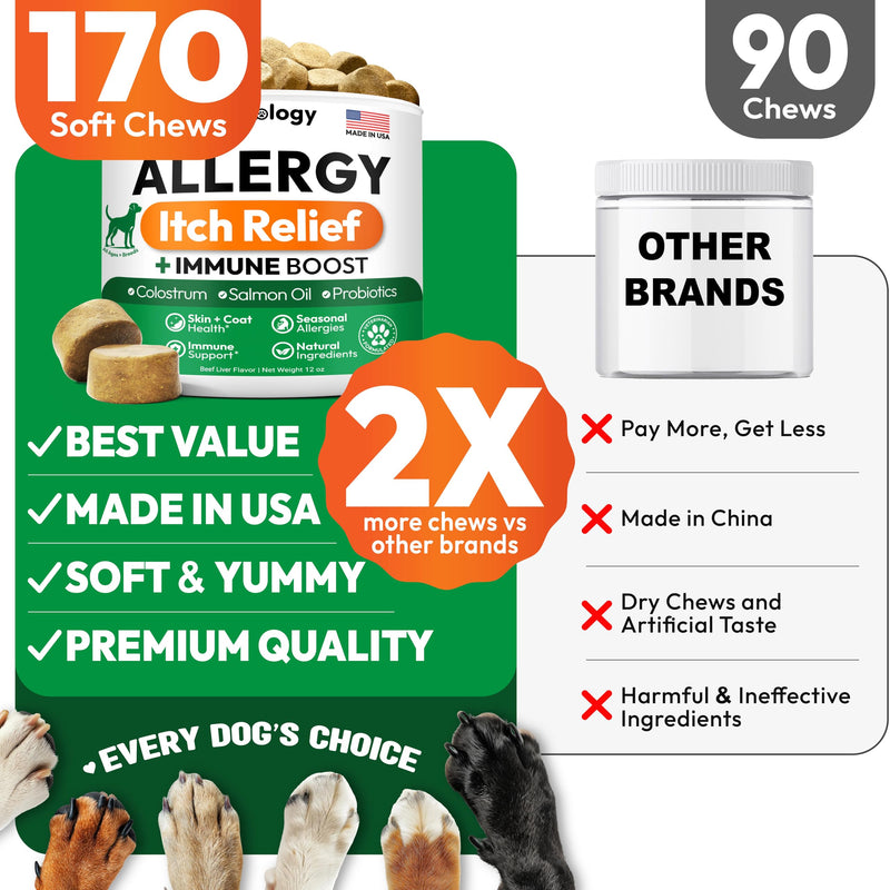 Dog Allergy Relief Chews - 170 Dog Allergy Chews - Itch Relief for Dogs - Omega 3 Fish Oil, Probiotics For Itchy Skin & Hot Spots Allergies, Paw Licking, Dry Skin & Coat Supplement - Beef Liver Flavor 170 Chews Allergy Skin & Coat Chews