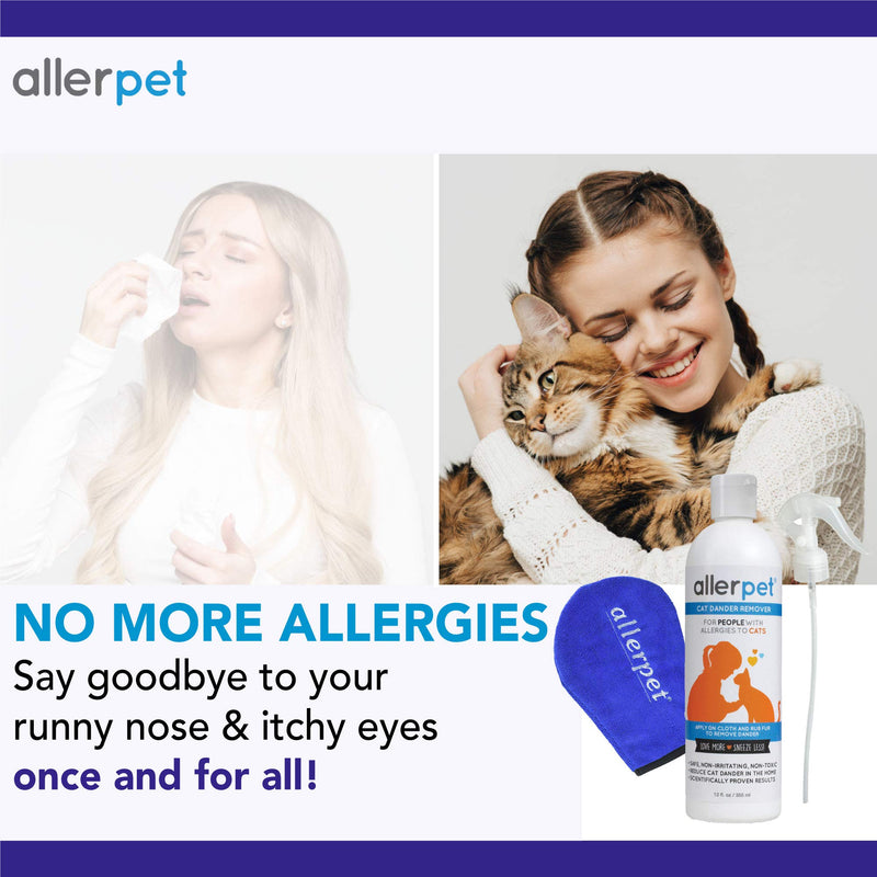 Allerpet Cat Dander Remover - 100% Non Toxic Pet Allergen Reducer - Scientifically Proven for Effective Cat Allergy Relief - Proudly USA Made (12oz) Single w/ Applicator Mitt + Sprayer - PawsPlanet Australia