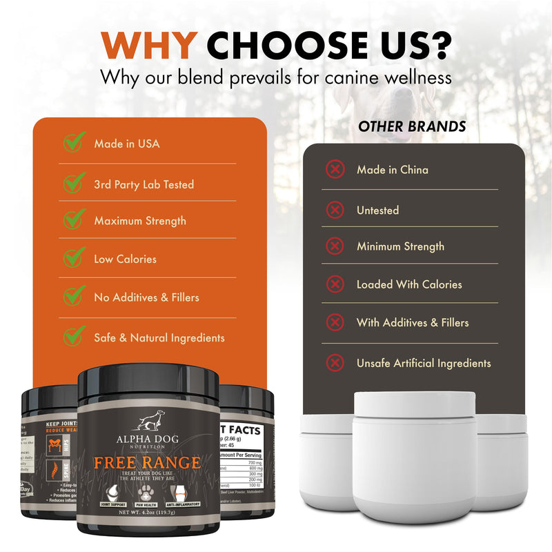 Free Range Joint Health Enhancer Supplement Powder for Dogs by Alpha Dog Nutrition - Premium Dog Arthritis Vitamins to Care for Joints - Contains Glucosamine, Chondroitin, MSM, Vitamin E, & More - PawsPlanet Australia