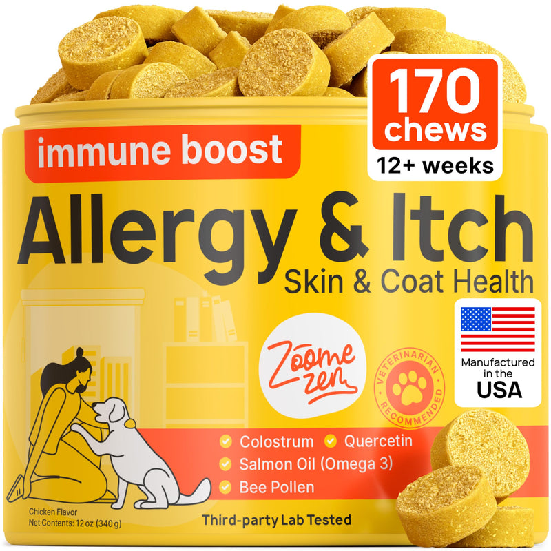 Dog Allergy Chews – Dog Allergy Relief, Itch Relief for Dogs – Anti Itch, Allergies & Immune Chews for Dogs with Omega 3 Fish Oil, Colostrum & Probiotics – 170 Count, Made in USA 170 Chews