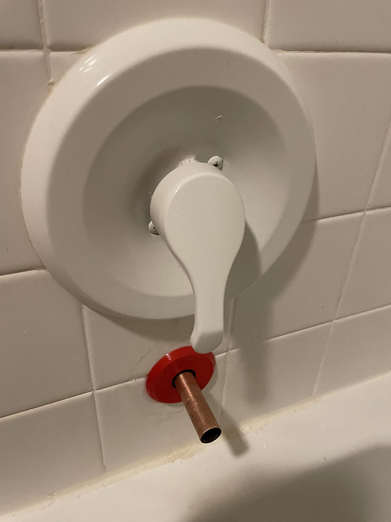 The Original Red Disc Seal. Bathtub spout rear seal. Over 6000 installed. It slips over and seals 1/2" copper pipe. Avoid 2-piece designs. 2-piece design is not sealed between the two pieces.