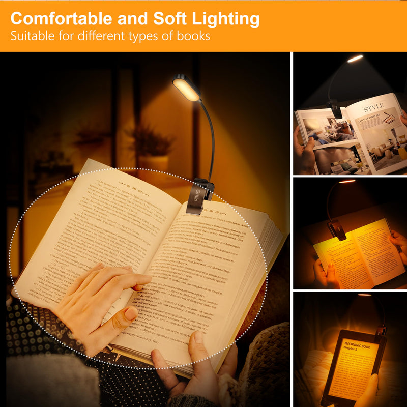 Gritin 16 LED Rechargeable Book Light for Reading in Bed- Eye Caring 3 Color Temperatures, Stepless Dimming Brightness, 80 Hrs Runtime, Lightweight Flexible Clip on Book Light for Book Lovers Black