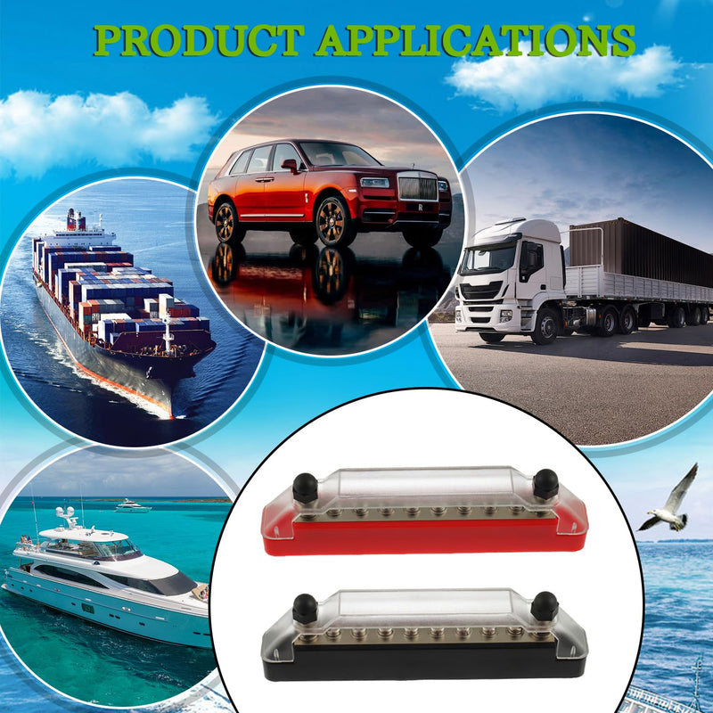 BOJACK Power Distribution Terminal with Cover 2 x 1/4"(M6) Terminal Studs, 8 x M4 Terminal Screws, Red and Black Marine Battery Bus Bar Block with Ring Terminals for Automotive Boat Solar Wiring 2*M6 Studs&8*M4 Screws-BK+R