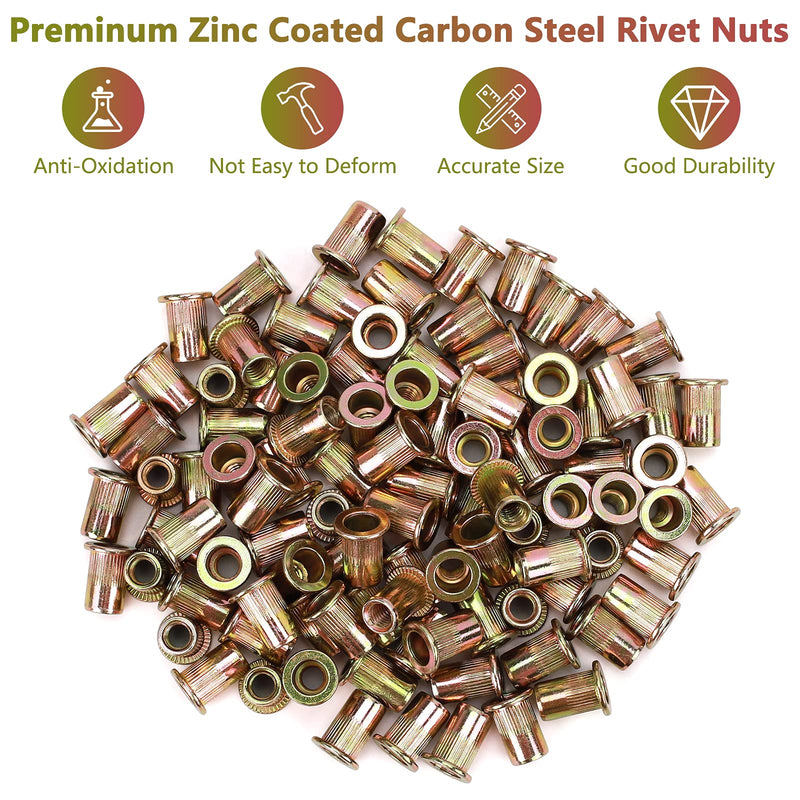 100pcs M8 Rivet Nuts, M8 Flat Head Rivnut Threaded Insert Nuts with Knurled Body, Metric Zinc Plated Carbon Steel Insert Nutsert for Automotive, Furniture, Decoration