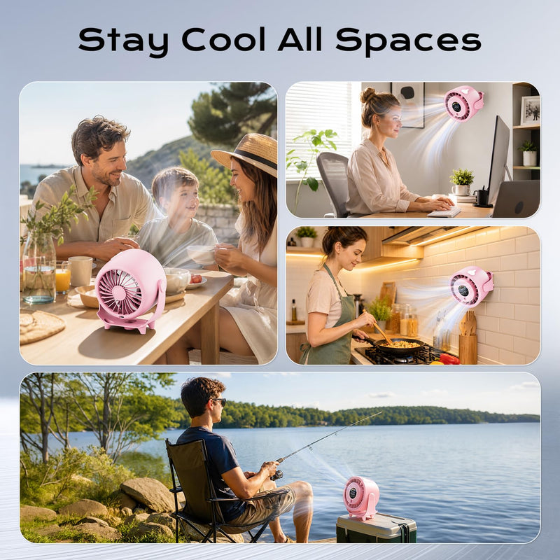 Desk Fan, Turbo Table Fan for Bedroom, Desktop Fans with Mist Spray, 100-Speed Digital Display, Low Noise, 120° Rotating, Rechargeable Battery, Wall-Mounted Design for Home, Office, Travel, Pink