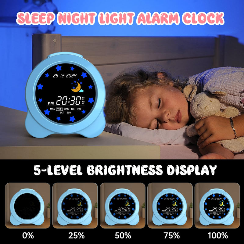 Kids Alarm Clock, Sun & Moon LED Display with Day & Date, Children's Sleep Trainer with Night Light & Sleep Sounds, Cute Wake Up Clock for Kids Bedroom, Easy to Use Birthday Gift for Boy and Girls Sky Blue