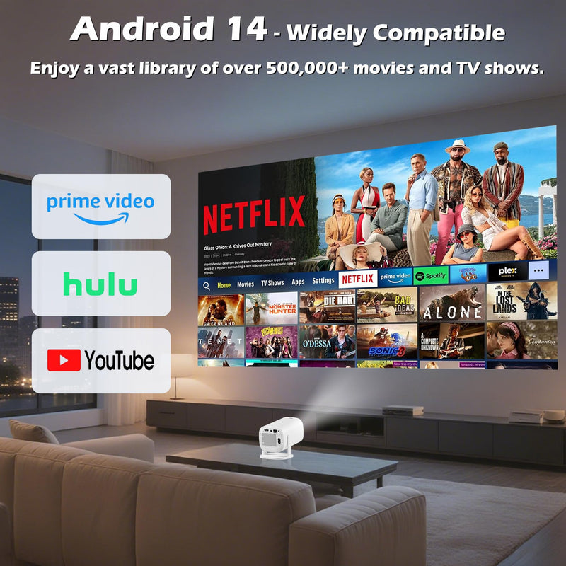 Mini Projector with Wifi and Bluetooth, Build-in Android 14, Portable Projector Outdoor&Ceiling Use, Auto Keystonet&270°Rotatable, 200 Ansi, 4k Home Thearter Movie Projector for HDMI USB
