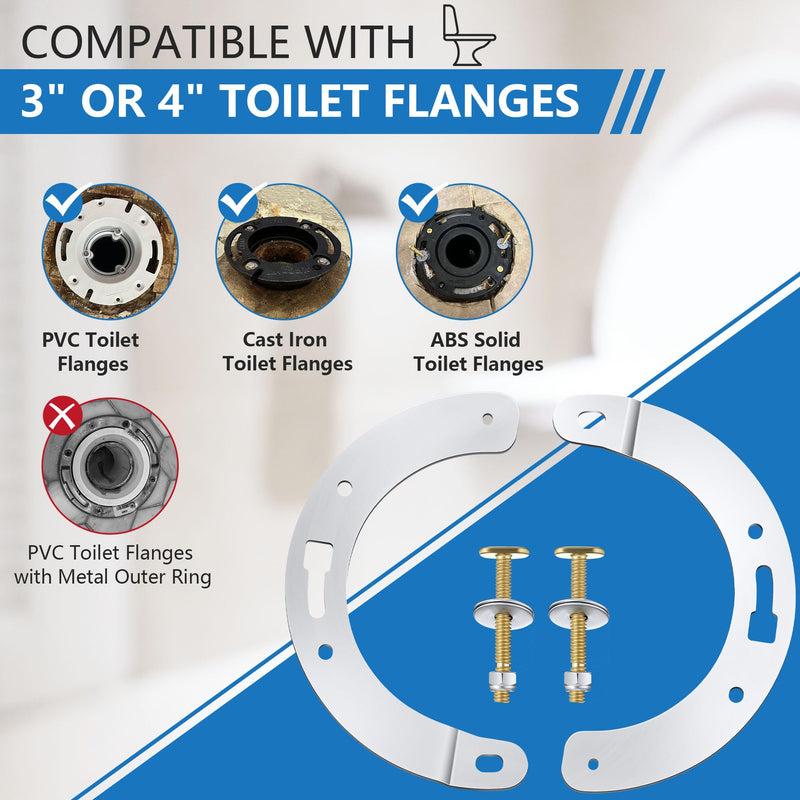 2 Piece Toilet Flange Repair Kit, Toilet Flange Repair Ring with 1/4" x 2-1/4" Closet Bolts, Stainless Steel Split Ring for Cast Iron, PVC or ABS