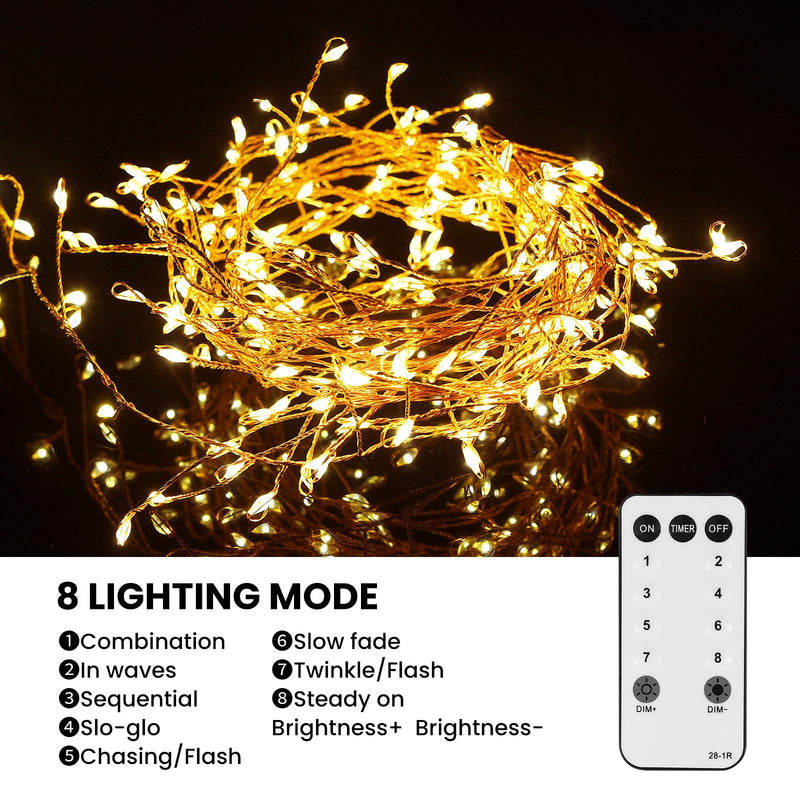 Dailyart Fairy Lights Plug in, 200 Led Fairy Lights with Remote 10Ft Fairy Lights with Timer 8 Modes Warm Fairy Lights for Bedroom Wreath Party Window Wedding Christmas Tree Decoration Gold Wire